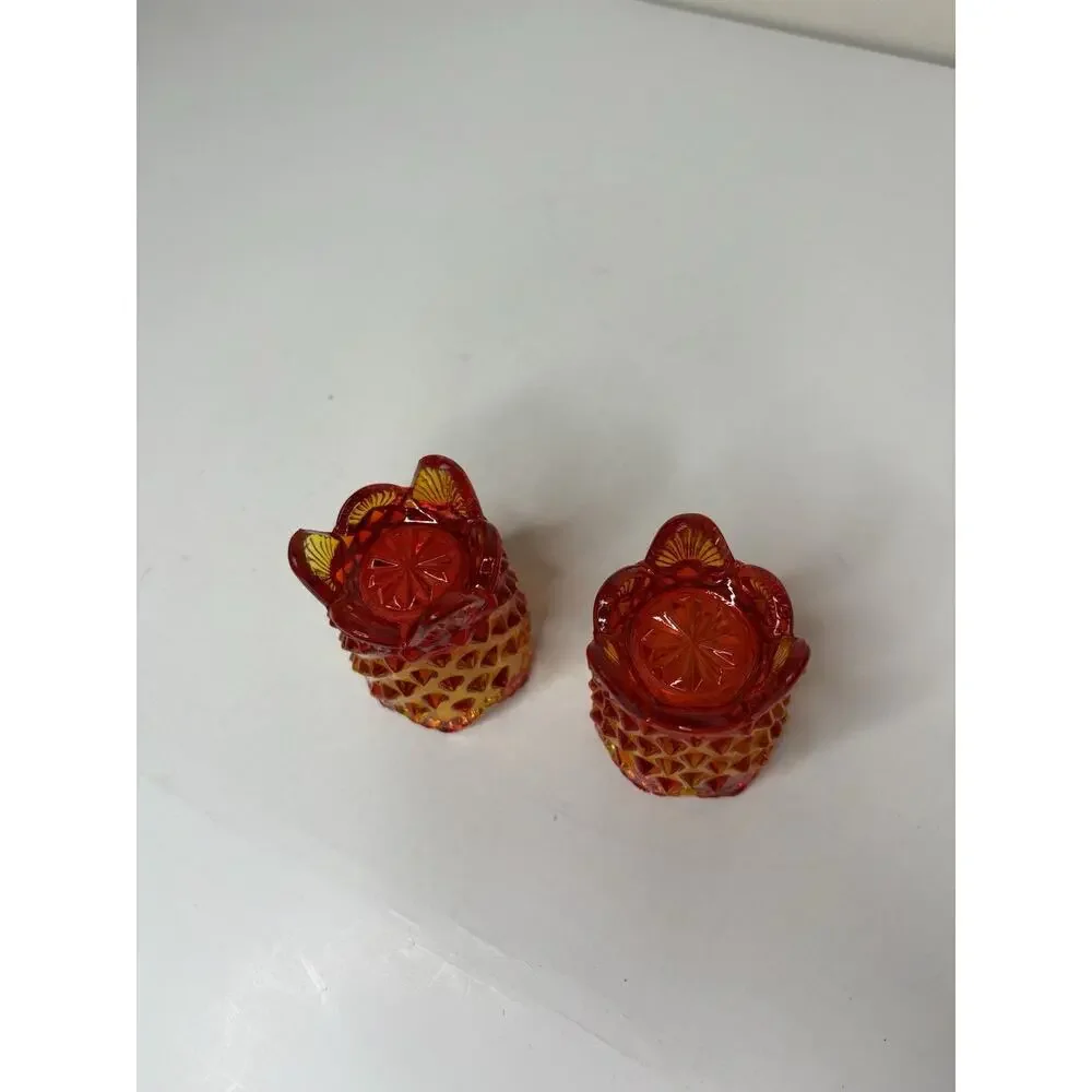 Vintage Fenton Orange Red Amberina Hobnail Footed Toothpick Holder Set of 2